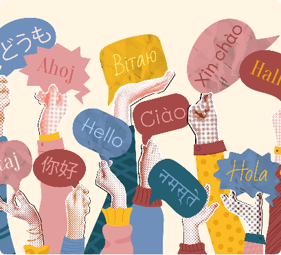 Hands holding signs with greetings in different languages